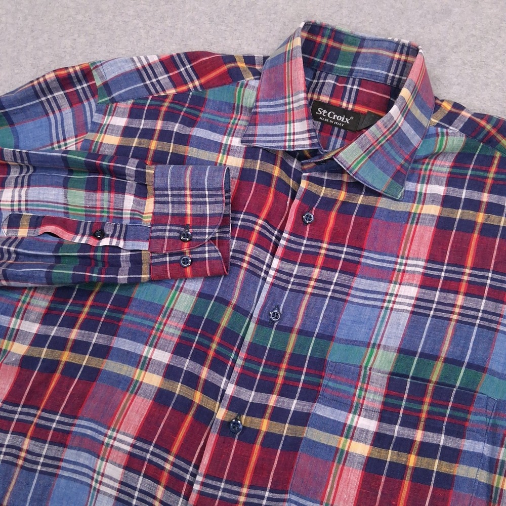 St Croix Linen Shirt Mens Small Madras Plaid Button Up Long Sleeve Made in Italy